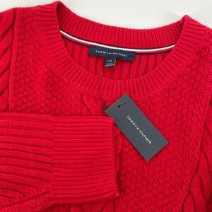 Tommy Hilfiger Women's Large Red Cable Popcorn Knit Cropped Crewneck Sweater NEW